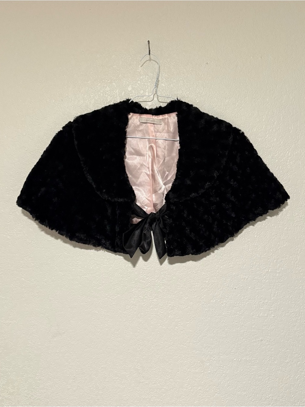 Charlotte Russe Black Faux Fur Cape Bolero with Pink Satin Lining